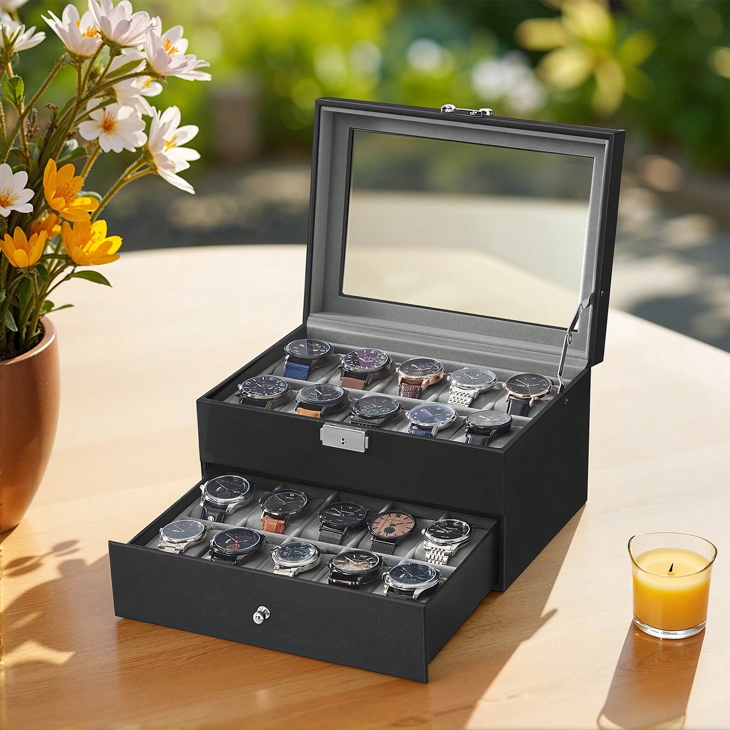 Jewelry With Watches - 20-Slot Watch Box with Glass Lid