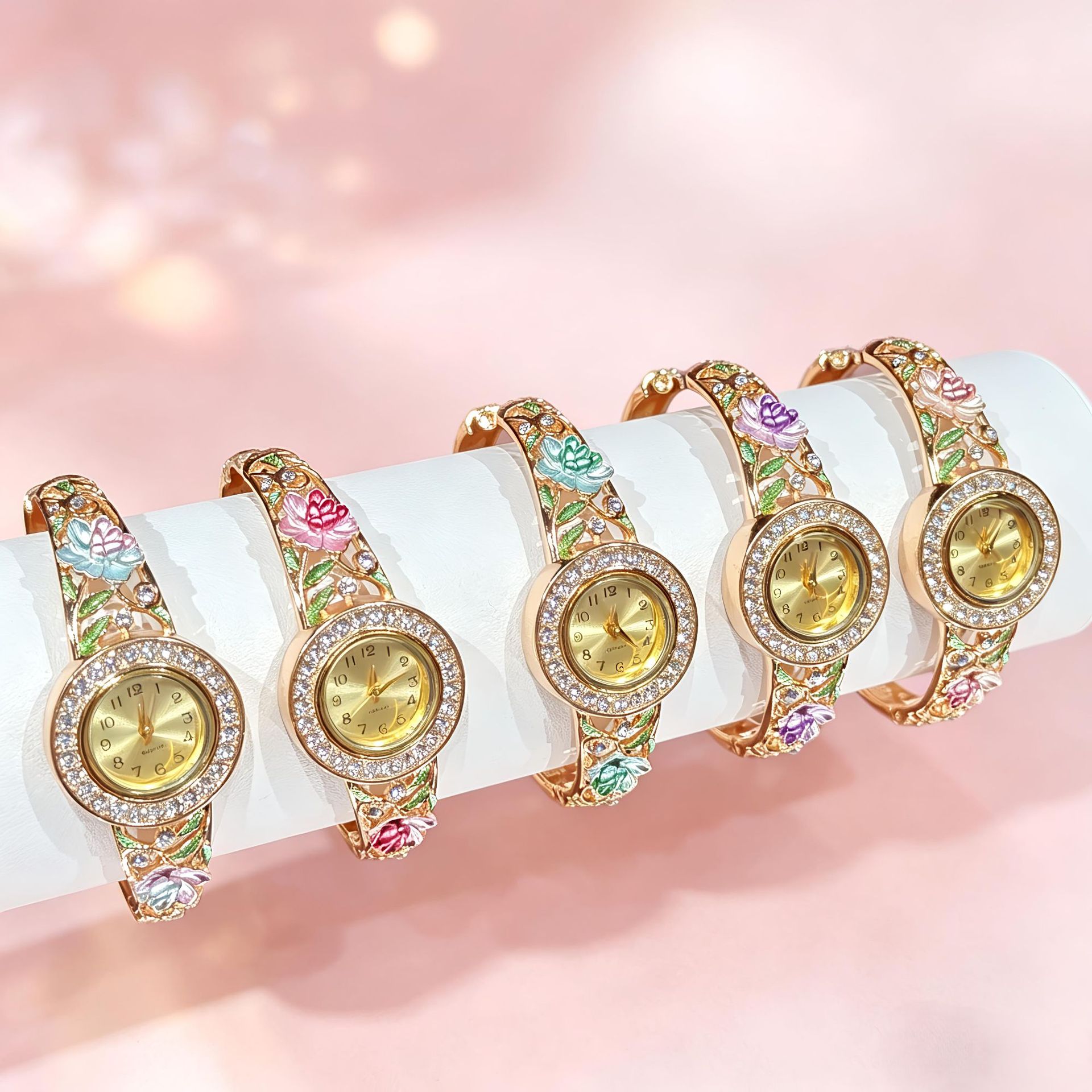 Jewelry Watches For Ladies - Vintage Gold Enamel Flower Wrist Watch