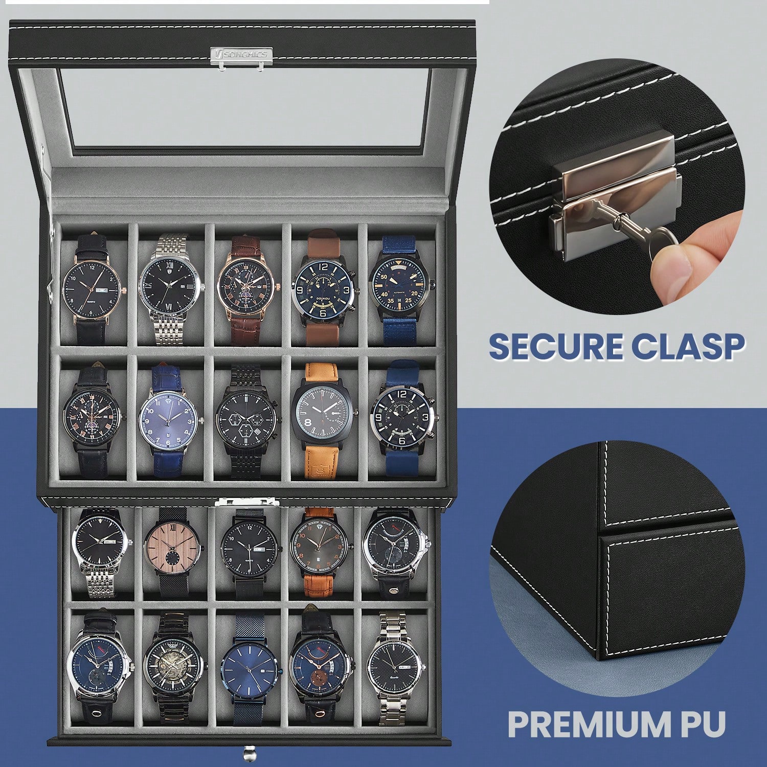20-Slot Watch Box with Glass L - огляд і ціна Jewelry With Watches
